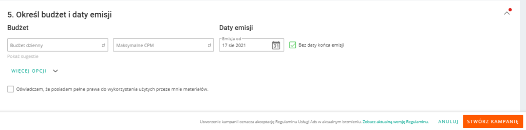 Allegro Ads - określenie budżetu dziennego dla kampanii graficznej